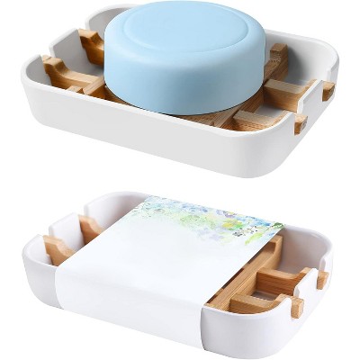 Aoibox Bamboo Soap Dish for Bathroom, White Soap Holder with Drainage Tray, Eco-Friendly Shower Soap Tray for Sink, Natural Soap Stand
