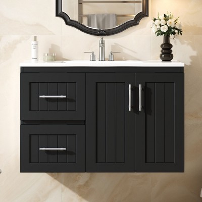 36"W Wall Mounted Bathroom Vanity with Ceramic Sink, Floating Bathroom Sink Cabinet with 2 Drawers & Adjustable Shelf - ModernLuxe