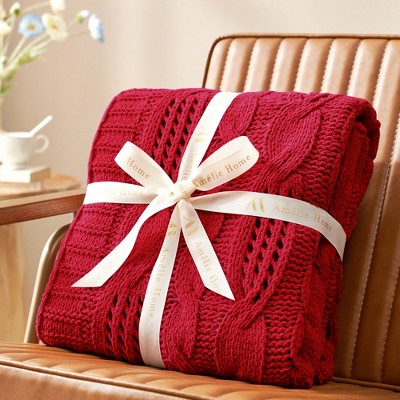 Amelie Home Cable Knitted Throw Blanket for Couch, Chenille Chunky Knit Throw Blanket