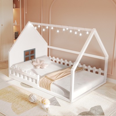 TIRAMISUBEST Full Size Wood House Bed with Window and Fence, Unique Platform Bed Kids' Floor Bed Frame with LED Light