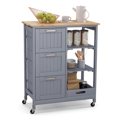 Costway Rolling Kitchen Island Utility Storage Cart w/ 3 Storage Drawers & Shelves White/Black/Grey