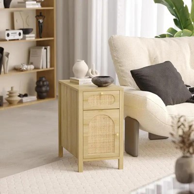 Oak-colored MDF + Wicker Surface One-drawer One-door Side Table with Socket