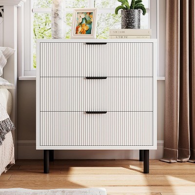 homfan Oak Fluted 3 Drawers Dresser, Wide Wood Chest of Drawers, Modern Storage Dresser Chest