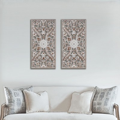 2 PCS Botanical Panel Distressed Carved Wood Wall Decor Set