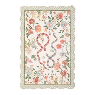 Washable Scalloped Living Room Rugs, Floral Snake Print Farmhouse Bedroom Carpet, Non Slip Low Pile Dining Room Rugs