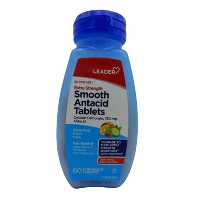 LEADER Extra Strength Antacid Tablets, Assorted Fruit, 750mg, 60 Count