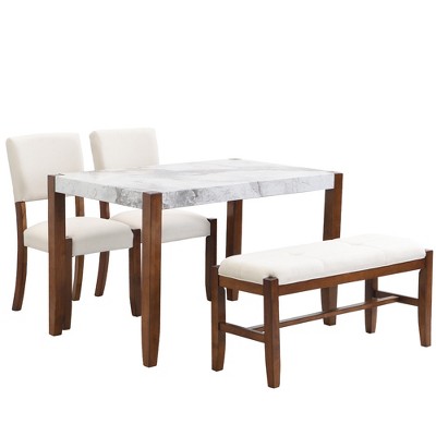 ChicFurnit Dining Set 4 Piece Modern Dining Table Set with Chairs and Bench for Dining Room, Off White, 50.39"*33.46"*5.12"