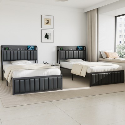 VECELO Twin/Full/Queen Size Metal Frame Platform Bed Frame with Storage Charging Station, Black/Gray