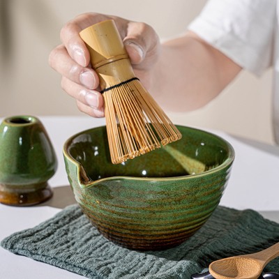 7 Pcs Matcha Whisk Set with Ceramic Bowl & Holder, Bamboo Whisk, Scoop & Rest, Stainless Steel Sifter, Tea Towel
