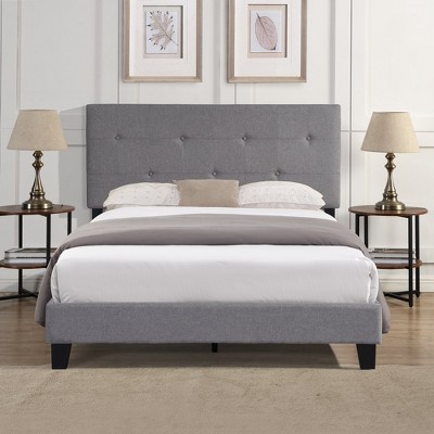 Full Size Upholstered Platform Bed With Button Tufted Linen Headboard, Wood Slat Support Bed Frame For Bedroom Guest Room, No Box Spring Needed