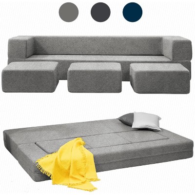 Mjkone Queen Convertible Velvet Futon Sofa Bed with 3 Ottomans