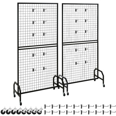 VEVOR 2 Packs Grid Wall Panels, 2.9 x 5.9 ft Wire Grid Panels Display Rack, Movable Art Display Shelf with Wheels and 10 Hooks, Black