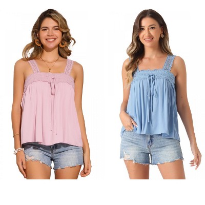 INSPIRE CHIC Women's Square Neck Panel Lace Ruffles Casual Sleeveless Tank Top 2 Packs