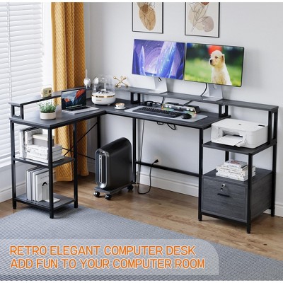 L Shaped Desk, 76 Inch Reversible Office Desk with File Drawer for Home Office, Corner Desk with Storage and Power Outlet, Desk with Monitor Shelf
