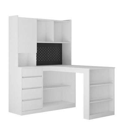 Grungis L Shaped Office Desk with Bookshelf and Drawers,Computer Desk with LED Light for Home Office,Company