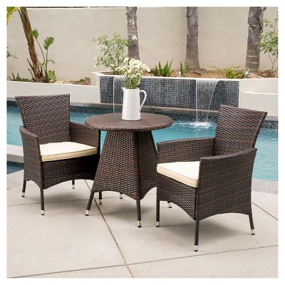 Melissa 3-piece Wicker Patio Bistro Set with Cushions: Metal Frame, Weather-Resistant - Christopher Knight Home