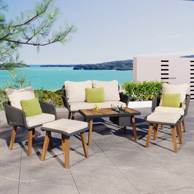 6-Piece Rope Patio Conversation Set with 2 Stools, Outdoor Furniture with Acacia Wood Bar Table with Ice Bucket 4A - ModernLuxe