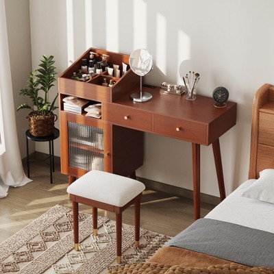 MOEPISY Modern Makeup Vanity Desk with Drawers and Stool for Small Places, Walnut