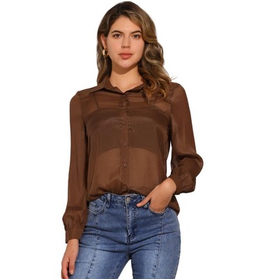 INSPIRE CHIC Women's Sheer Mesh Long Sleeve Button Down Shirts