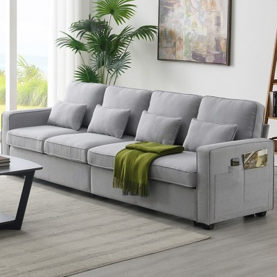 104" 4-Seater Modern Minimalist Linen Fabric Sofa with Arm Pockets and 4 Pillows - ModernLuxe