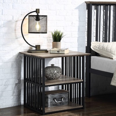 Gulches Industrial Style Nightstand  Black Slatted Metal Frame, Rustic Wooden Top, 2 Open Shelves Classic Modern Blend