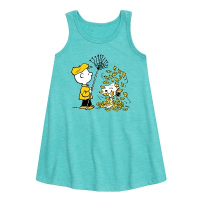Girls' - Peanuts - Charlie Brown Snoopy Fall Leaves Graphic Sleeveless Aline Dress