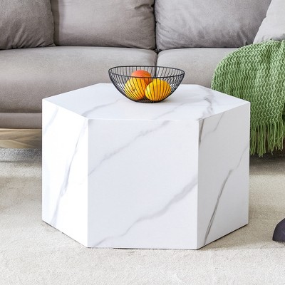Syemin End Table, Hexagonal Accent Table, Marble Effect, Suitable for Living Room, Lounge, White, 23.6"*27"*16.5"