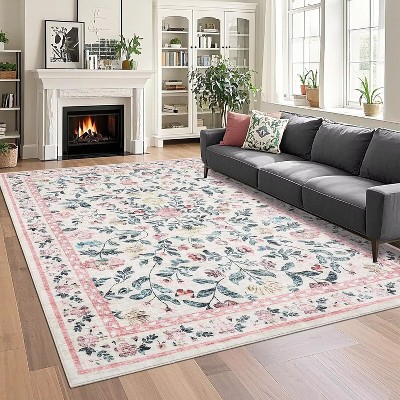 Washable Modern Printed Rug Non Slip Low Pile Rug Soft Floral Throw Floor Cover Foldable Indoor Carpet for Living Room Bedroom Playroom Nursery