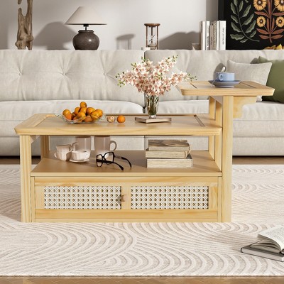 KIGFTSOD Modern Coffee Table, Coffee Table with 1 Storage Shelf, 2 Tabletops and 1 Rattan Drawer For Living Room