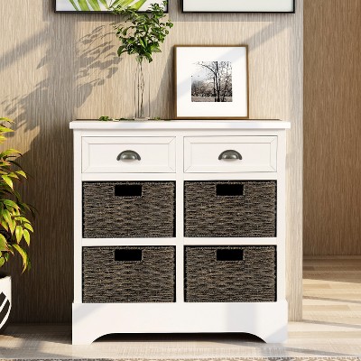 ELJGET Entryway Storage Cabinet, Farmhouse Rustic Wood Console Table with Drawers & Rattan Baskets for Living Room, No Assembly