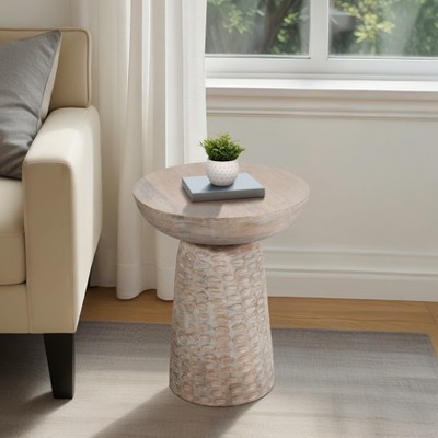Wood Accent Table with Carved Textured Base in Finish - Coastal Style Tall for Living Room, Bedroom or Office Decor - 20" White