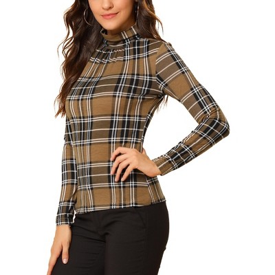 Allegra K Women's Turtleneck Long Sleeve Stretch Slim Plaid Casual Blouse