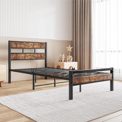 MAYEERTY Twin Size Rustic Vintage Wood Headboard Platform Bed Frame Strong Metal Slats No Box Spring Needed