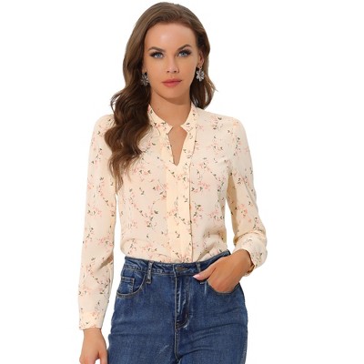 Allegra K Women's Floral Print Split V Neck Office Long Sleeve Blouse