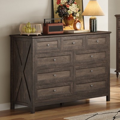 Sapphtopaz Modern Rustic Dresser with 9 Drawers Farmhouse Closet Organizers and Storage with Silver Handle Wood Closet for Bedroom, Entryway