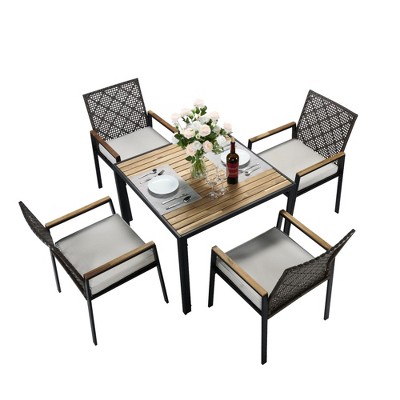TiramisuBest All Weather 5-Piece Patio Dining Table Sets,Patio Conversation Set Acacia Wood Table Top with Umbrella Hole,Rattan Outdoor,Coffee Brown