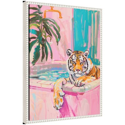 Kate & Laurel All Things Decor 18"x24" Sylvie Tiger Bathtub Vibrant Dopamine Decor Framed Canvas by Honey Island Studio Beaded White