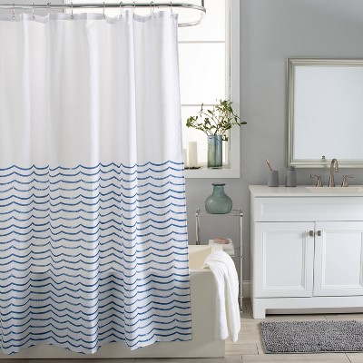 Moda at Home Waves Shower Curtain Dark Blue : Microfiber, Machine Washable, Non-Slip Backing