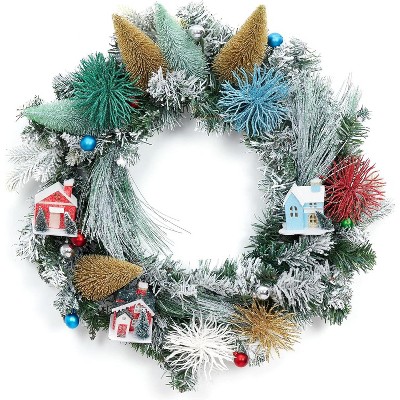 GAOMON 24 Inch Christmas Wreath, Artificial Holiday Wreath with Christmas Tree and House Village Front Door Decor, Large Xmas Wreath
