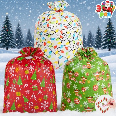 Joyfy 3 Pcs Oversized Christmas Plastic Gift Bags, 44“ x36” Jumbo Xmas Wrapping Bags with Gift Tags for Christmas Presents Giving Party Favors