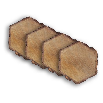 Dainty Home Wood With Tree Bark Designed 4" Hexagon Coaster Set Of 4
