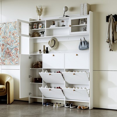 Whisen Tipping Bucket Shoe Cabinet with Storage Shelf and 6 Flip Drawers, Large Hall Tree with Tempered Glass Doors and 4 Hooks