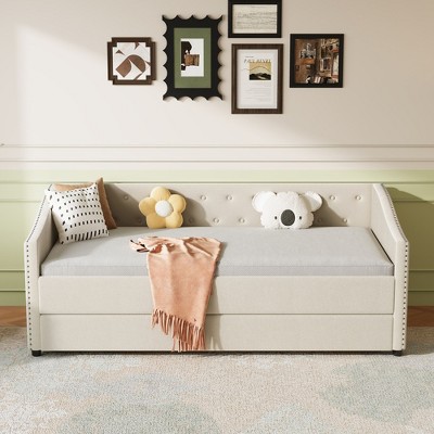 Kumasinova Twin/Full Size Daybed with Trundle,Fabric Upholstered Sofa Bed with Button Tufted Back & Piped Arms for Living Room,Bedroom