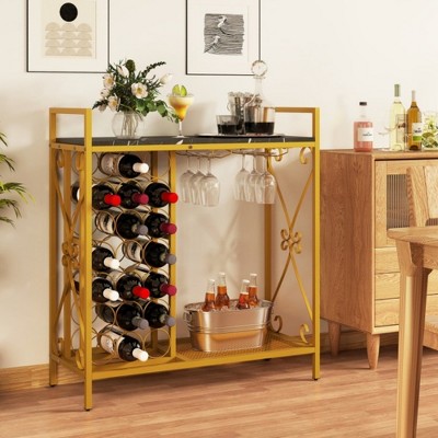 MOEPISY 21 Bottle Wine Rack Freestanding Floor Wine Bottle Organizer with Glass Holder Golden
