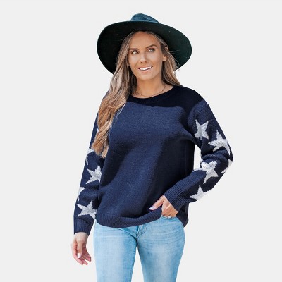 Women's Stylish Star Print Knitted Navy Sweater - Cupshe
