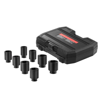 VEVOR Axle Nut Impact Socket Set,1/2" Drive Deep 6-Point 8-Piece SAE Spindle Nut Socket Set,CR-MO Heat Treated Large Socket Set Black