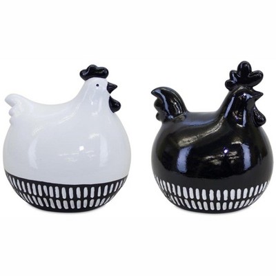 HomeRoots Set of Two Black And White Terracotta Chicken Figurines