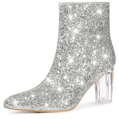 Perphy Women's Sparkly Glitter Upper Side Zipper Clear Block Heel Ankle Booties