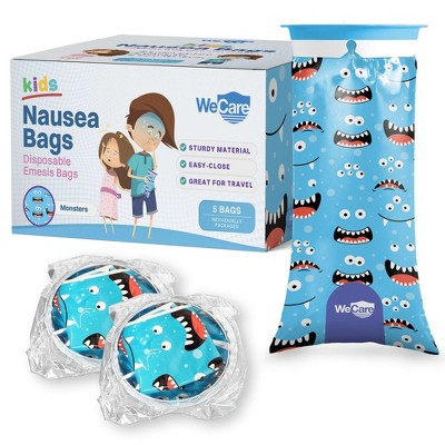 WeCare Kids Disposable Vomit Bags, Individually-Wrapped Self-Sealing Barf Bags with Fun Prints -  Leak Proof Emesis Bags