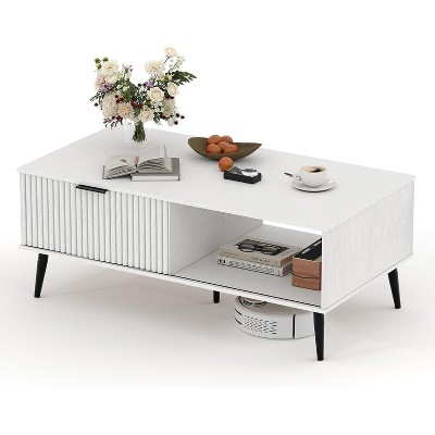 Coffee Table with Wave Pattern Sliding Door and 2-Tier Storage Cabinet, Farmhouse Style Wooden Dining Center Tables for Living Room, Office, Bedroom